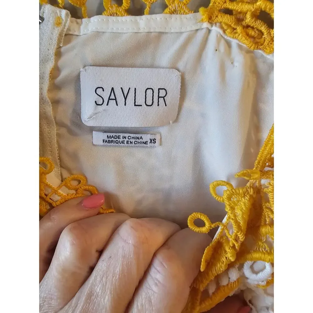 Saylor yellow white crochet summer floral mini dress sz XS
